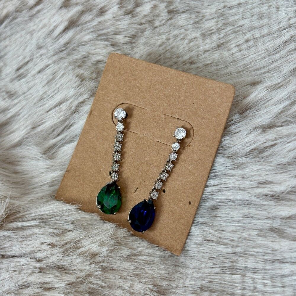 Roxanne Assoulin Mismatched CZ Drop Earrings Green Blue Crystal Silver Tone